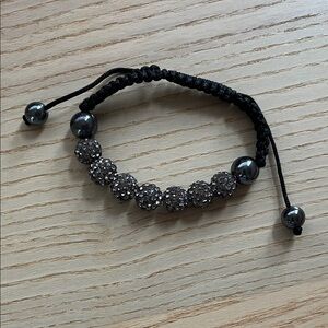 Gray Rhinestone Crystal Bead Shamballa-style Black Sliding Knot Cord Bracelet